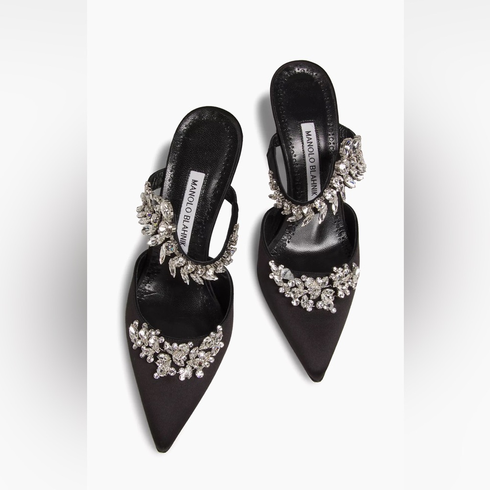 Manolo Blahnik Lurum 90MM Crystal-Embellished Satin Mules (Black)